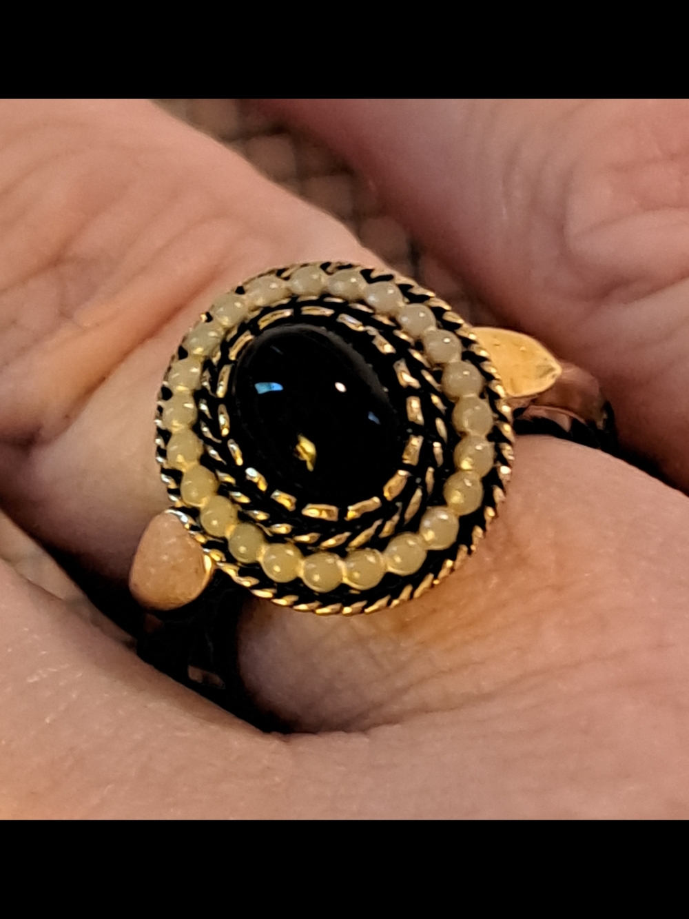 Avon Gold-Tone Black Cabochon Ring with Cream Pearl Bead Halo